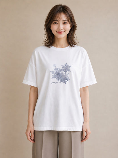 プリントTシャツ レディース 雪の結晶 星空 宇宙 イラスト ニュアンス 休日 ペアコーデ 白T YMAZO
