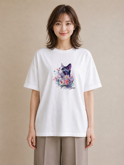 半袖Tシャツ レディース ペルシャ 猫 ねこ イラスト 個性的 カフェ服 クリスマス 白T YMAZO