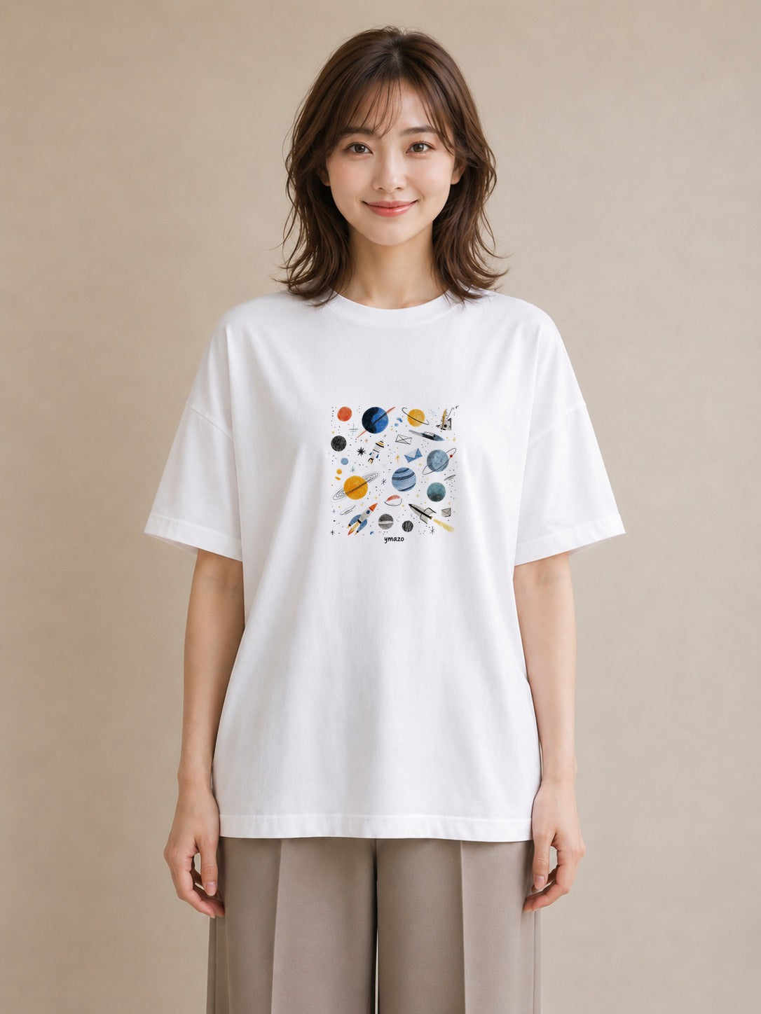プリントTシャツ レディース 惑星 星空 宇宙 イラスト シンプル 誕生日プレゼント 綿100 白T YMAZO