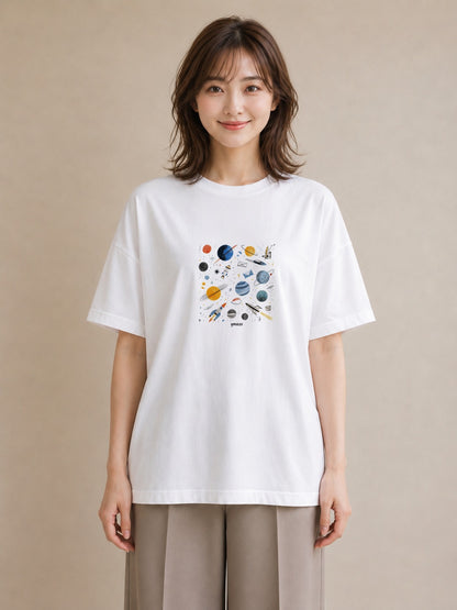 プリントTシャツ レディース 惑星 星空 宇宙 イラスト シンプル 誕生日プレゼント 綿100 白T YMAZO