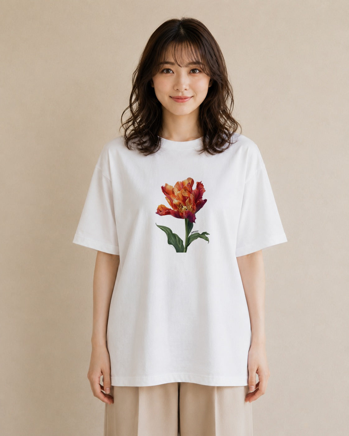 Tシャツ レディース チューリップ 花 花柄 イラスト 線画 ママ カフェ服 白T
