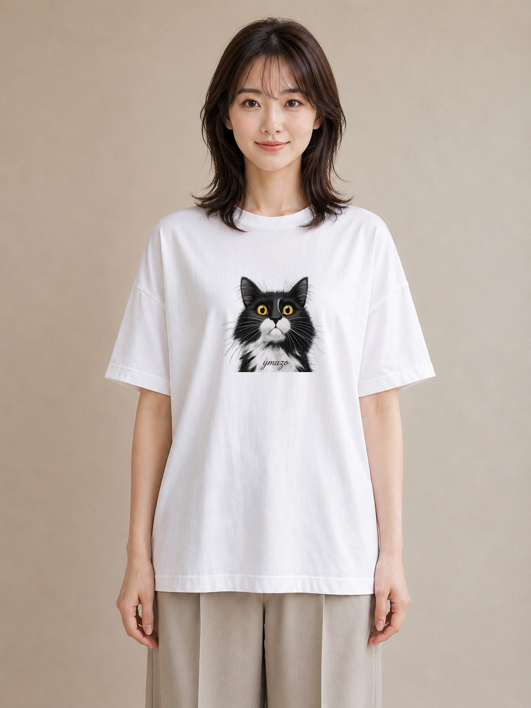 プリントTシャツ レディース 靴下猫 猫 ねこ イラスト こなれ感 旅行用 海 白T YMAZO