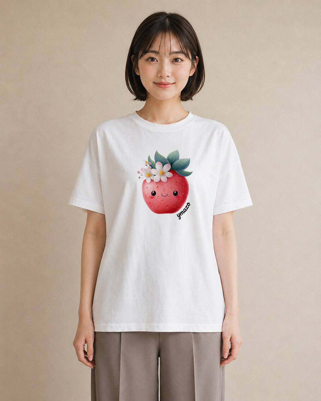デザインTシャツ レディース いちご 苺 ストロベリー 食べ物 フード イラスト 普段使い レイヤード 友達ギフト 白T YMAZO