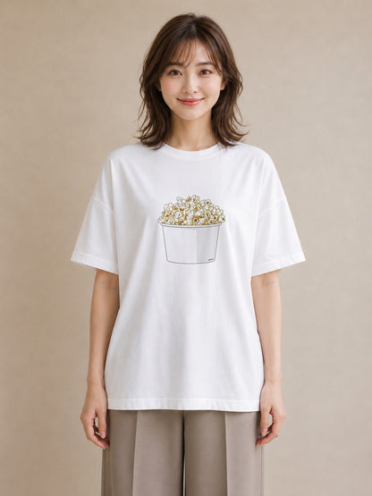 グラフィックTシャツ レディース ポップコーン 食べ物 フード イラスト フェミニン 送別ギフト 通勤 白T YMAZO