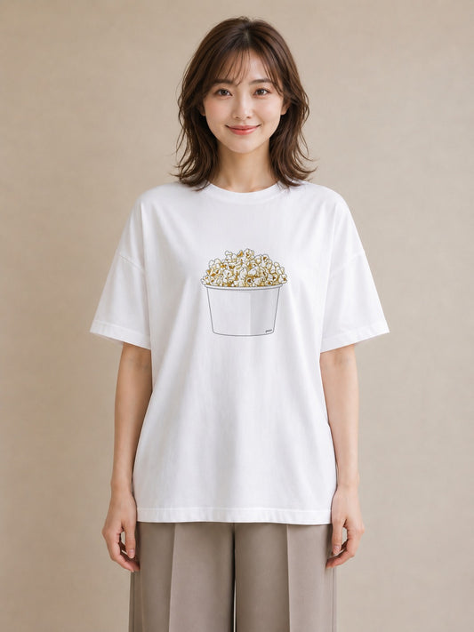 グラフィックTシャツ レディース ポップコーン 食べ物 フード イラスト フェミニン 送別ギフト 通勤 白T YMAZO