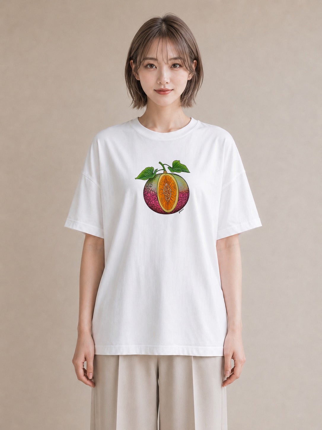 Tシャツ レディース メロン 食べ物 フード イラスト 普段使い 旅行用 海 白T YMAZO