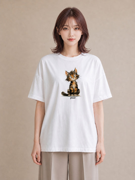 半袖Tシャツ レディース ぶち猫 猫 ねこ イラスト カフェコーデ 公園 ママ 白T YMAZO
