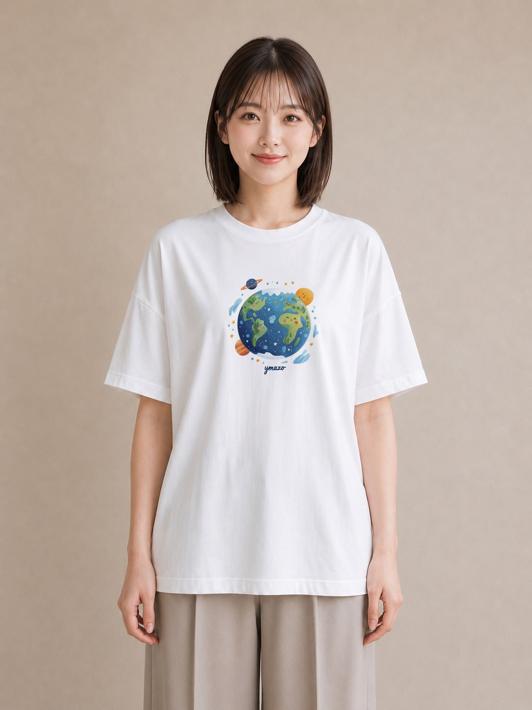 デザインTシャツ レディース プラネット 星空 宇宙 イラスト 抜け感 母の日 ビーチ 白T YMAZO