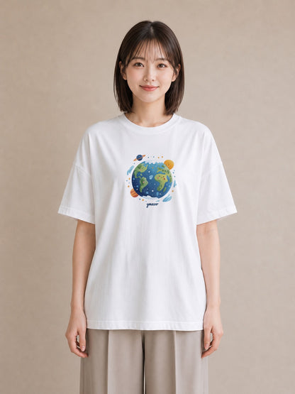 デザインTシャツ レディース プラネット 星空 宇宙 イラスト 抜け感 母の日 ビーチ 白T YMAZO