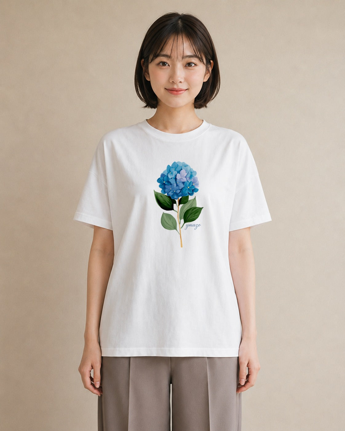 グラフィックTシャツ レディース あじさい 紫陽花 アジサイ 花 花柄 イラスト 旅行コーデ ママ カフェ服 白T YMAZO