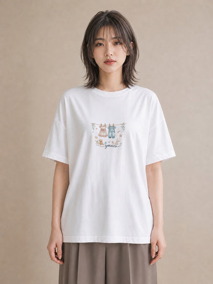 半袖Tシャツ レディース 洗濯物 風 ナチュラル アンティーク イラスト きれいめ レイヤード 友達ギフト 白T YMAZO