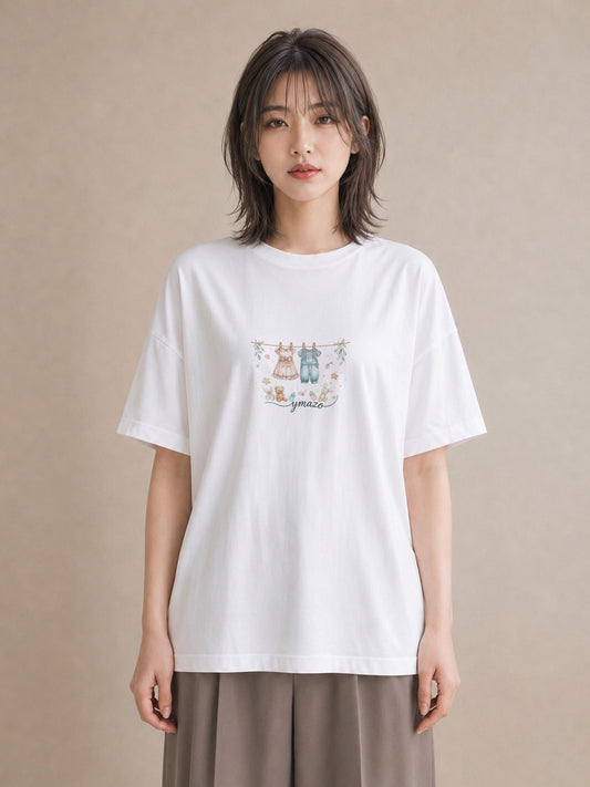 半袖Tシャツ レディース 洗濯物 風 ナチュラル アンティーク イラスト きれいめ レイヤード 友達ギフト 白T