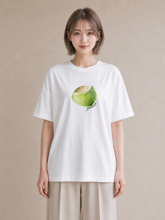 半袖Tシャツ レディース りんご 林檎 アップル 食べ物 フード イラスト 休日コーデ 公園 ママ 白T YMAZO