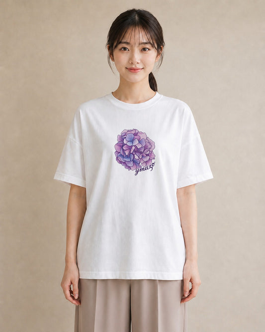 プリントTシャツ レディース あじさい 紫陽花 アジサイ 花 花柄 イラスト ナチュラル 女性 旅行用 白T YMAZO