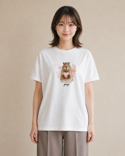 半袖Tシャツ レディース モルモット ペット 動物 イラスト 手描き風 誕生日プレゼント 綿100 白T YMAZO