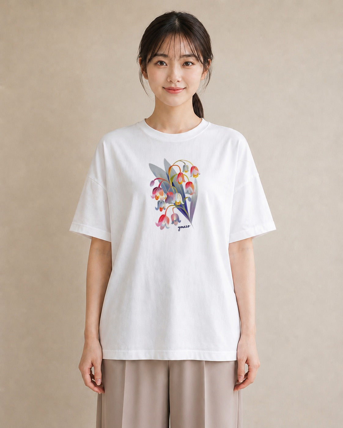 Tシャツ レディース すずらん 花 花柄 イラスト 線画 カフェ服 クリスマス 白T YMAZO