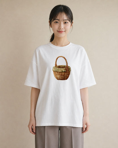 半袖Tシャツ レディース 自転車のかご 自転車 花かご ナチュラル アンティーク イラスト ゆるコーデ カフェ巡り 女子会 白T YMAZO