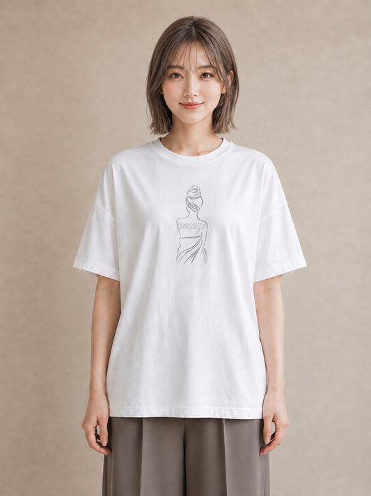 Tシャツ レディース 女の子 ガール 後ろ姿 イラスト ゆるコーデ 買い物 夏コーデ 白T YMAZO