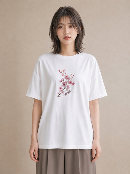 半袖Tシャツ レディース 梅 花 花柄 イラスト クリスマス 旅行 白T