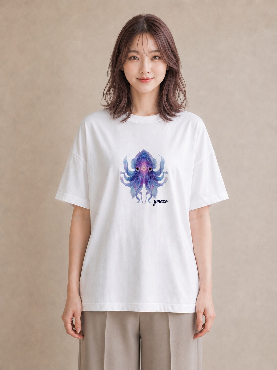 グラフィックTシャツ レディース タコ 海の生き物 海 イラスト ヴィンテージ風 ラフ レイヤード 白T YMAZO
