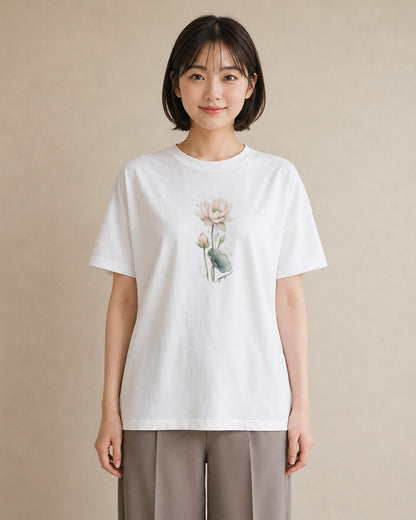 プリントTシャツ レディース ゆり 百合 花 花柄 イラスト ラフ 春服 ミセス 白T