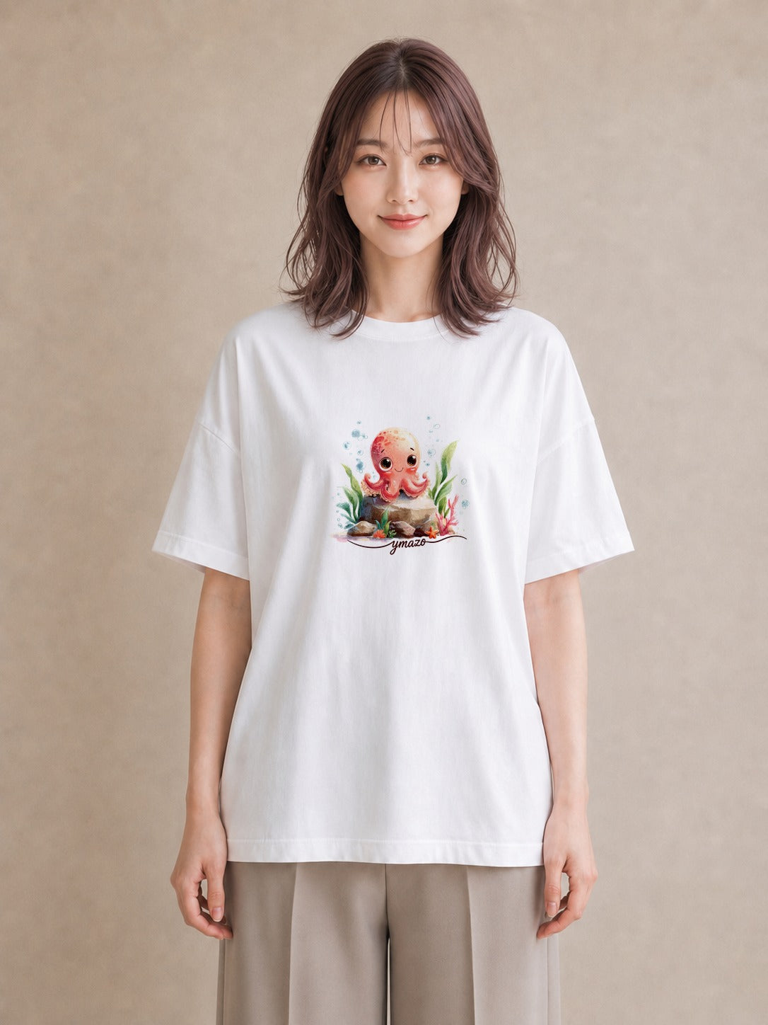 グラフィックTシャツ レディース イカ 海の生き物 海 イラスト 北欧風 敬老の日 ホワイトデー 白T YMAZO