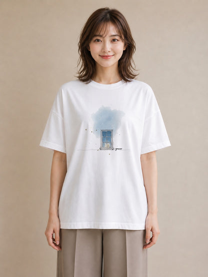 Tシャツ レディース 夕暮れ バルコニー 夕焼け ナチュラル アンティーク イラスト 線画 旅行用 海 白T YMAZO