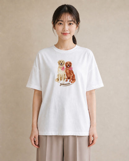 グラフィックTシャツ レディース ゴールデンレトリバー ゴールデン 犬 いぬ イラスト ヴィンテージ風 レイヤード 友達ギフト 白T YMAZO
