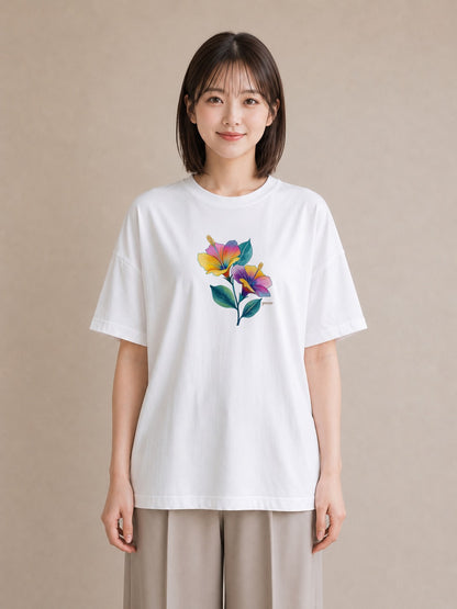 半袖Tシャツ レディース パンジー 花 花柄 イラスト お洒落 女性 旅行用 白T