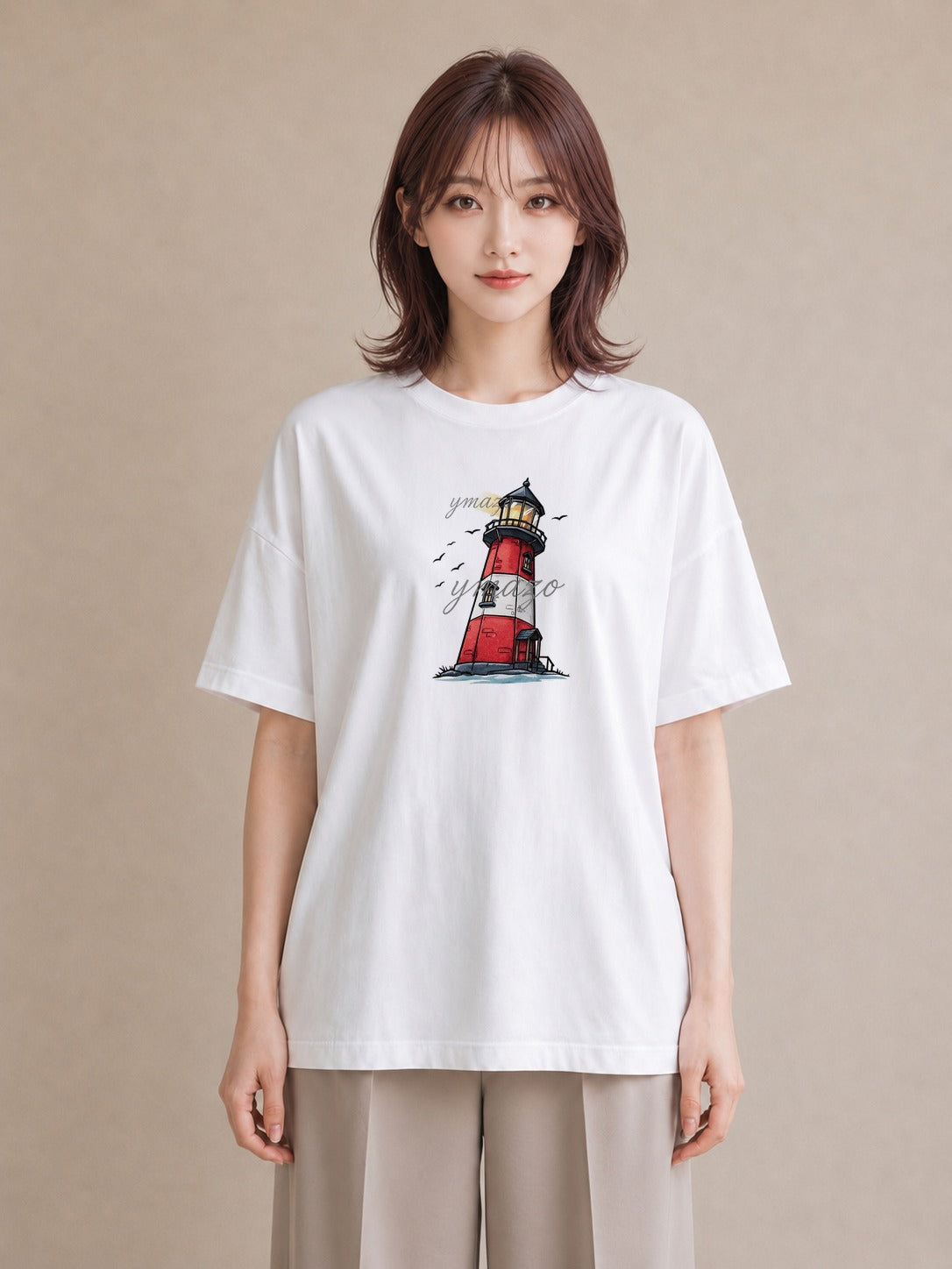 デザインTシャツ レディース 灯台 霧 海 ナチュラル アンティーク イラスト 手描き風 ホワイトデー 春服 白T YMAZO