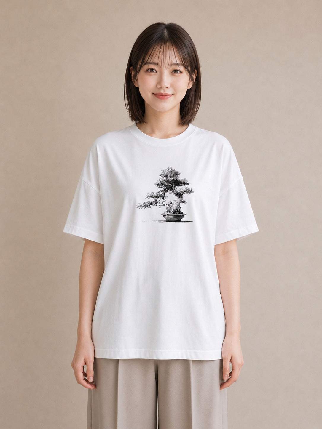 半袖Tシャツ レディース 盆栽 植物 ボタニカル イラスト ゆるかわ カジュアルコーデ 買い物 白T YMAZO