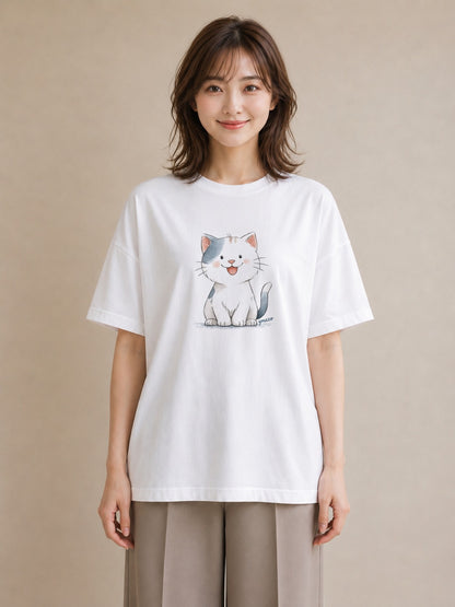 Tシャツ レディース ねこ 猫 ネコ イラスト きれいめ 20代 カジュアルコーデ 白T YMAZO