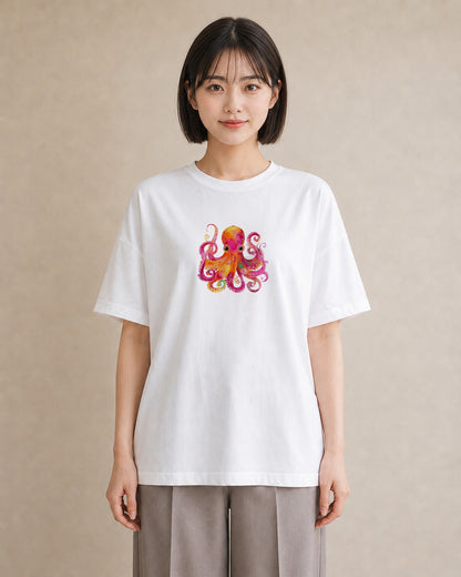 プリントTシャツ レディース イカ 海の生き物 海 イラスト シック お出かけ 普段着 白T YMAZO