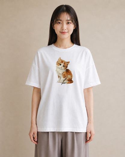 半袖Tシャツ レディース 茶トラ 茶猫 猫 ねこ イラスト モード 普段着 週末コーデ 白T YMAZO