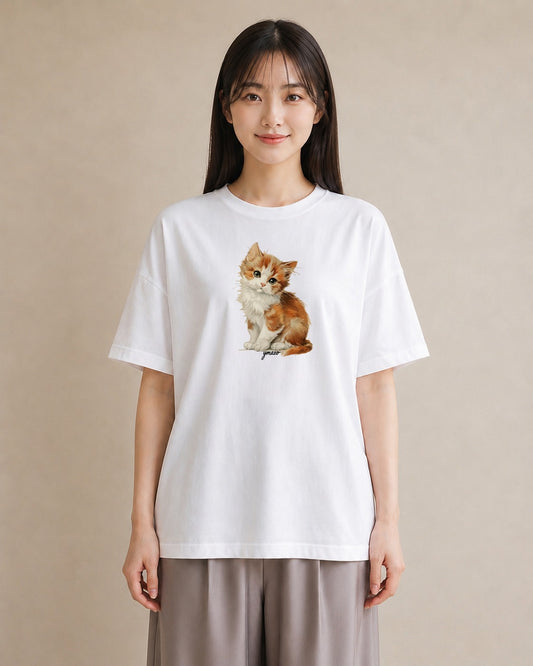 半袖Tシャツ レディース 茶トラ 茶猫 猫 ねこ イラスト モード 普段着 週末コーデ 白T YMAZO