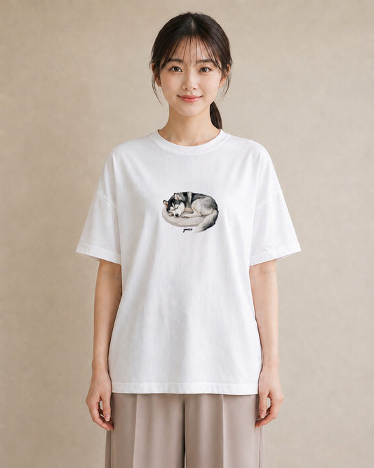 Tシャツ レディース シベリアンハスキー 犬 いぬ イラスト ヴィンテージ風 週末コーデ 敬老の日 白T YMAZO