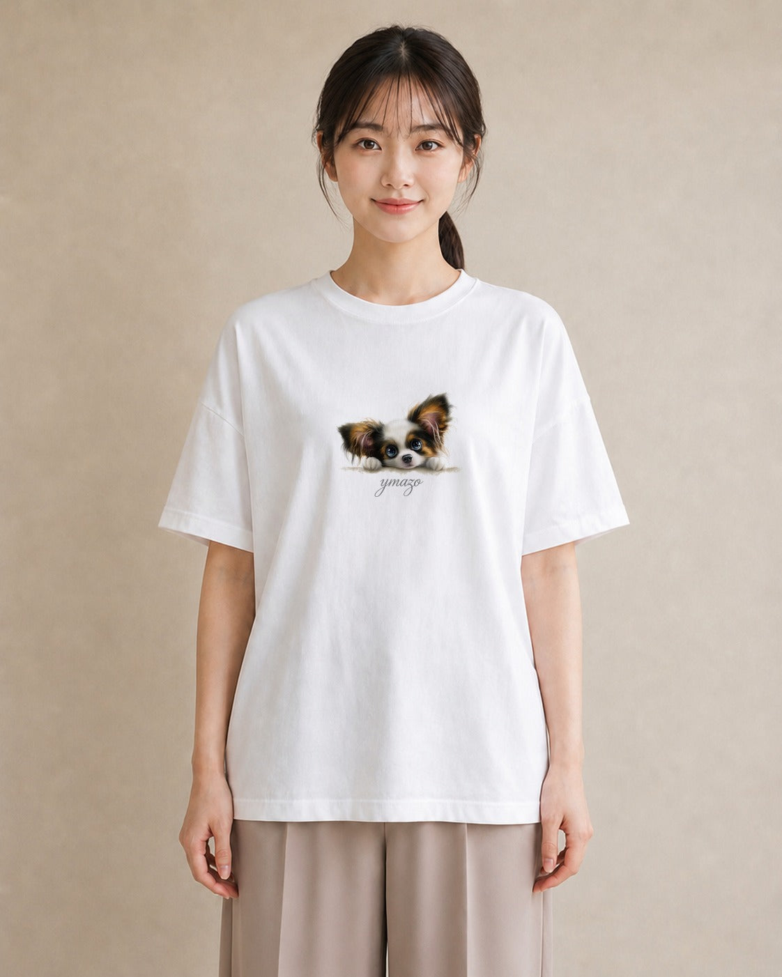 プリントTシャツ レディース パピヨン 犬 いぬ イラスト アート風 夏コーデ 通学 白T YMAZO
