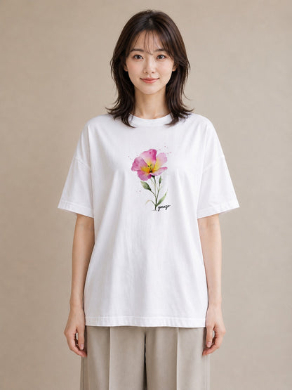 プリントTシャツ レディース あさがお 朝顔 花 花柄 イラスト 可愛い 誕生日プレゼント 綿100 白T YMAZO