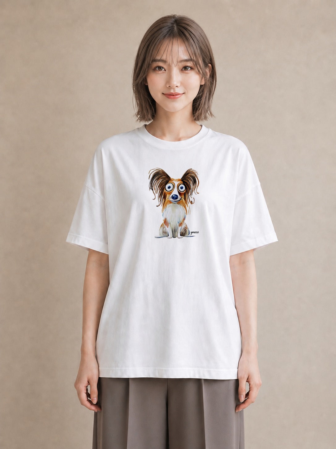 プリントTシャツ レディース パピヨン 犬 いぬ イラスト シンプル 旅行 母娘コーデ 白T YMAZO