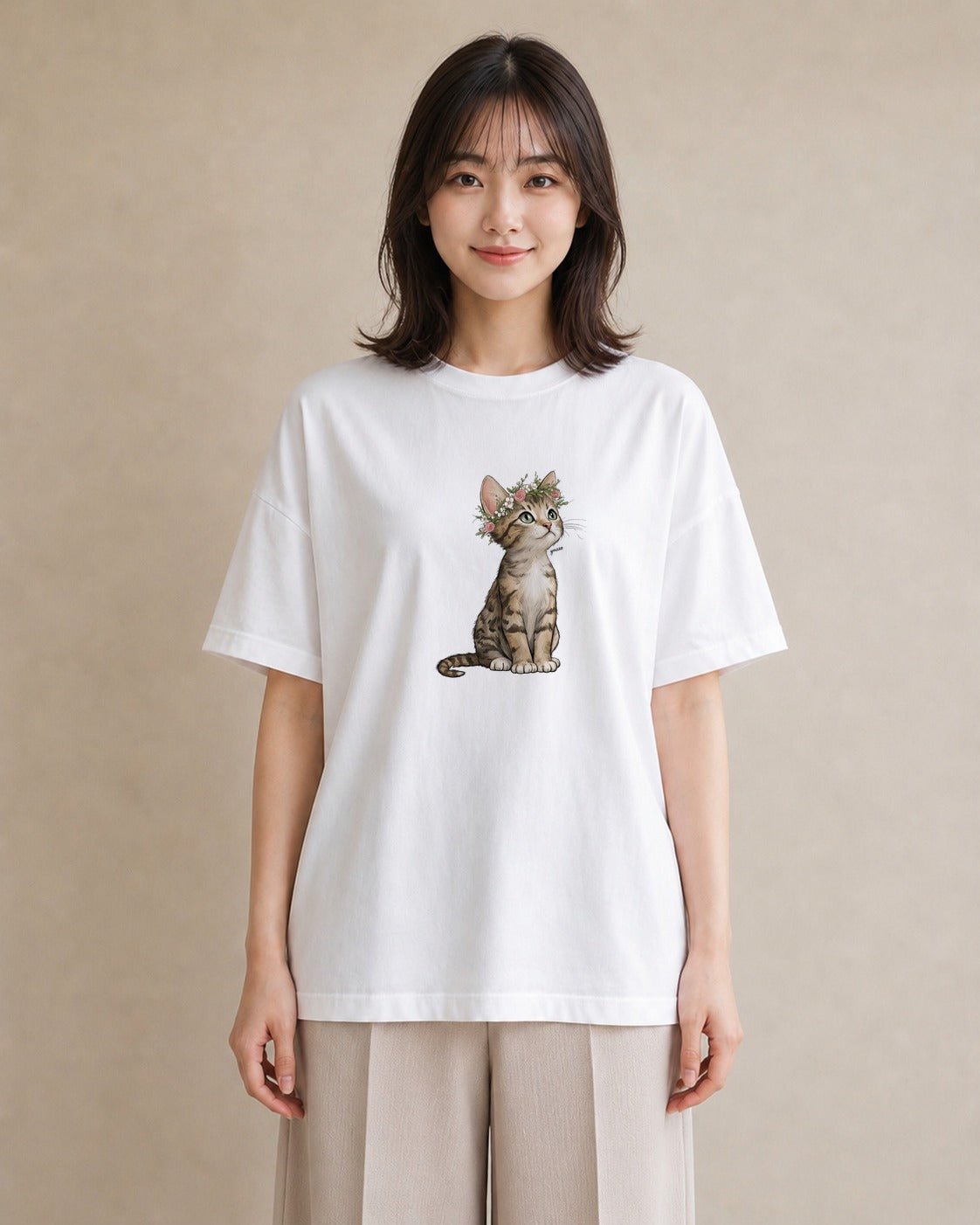 半袖Tシャツ レディース ねこ 猫 ネコ イラスト シック 春服 ミセス 白T YMAZO