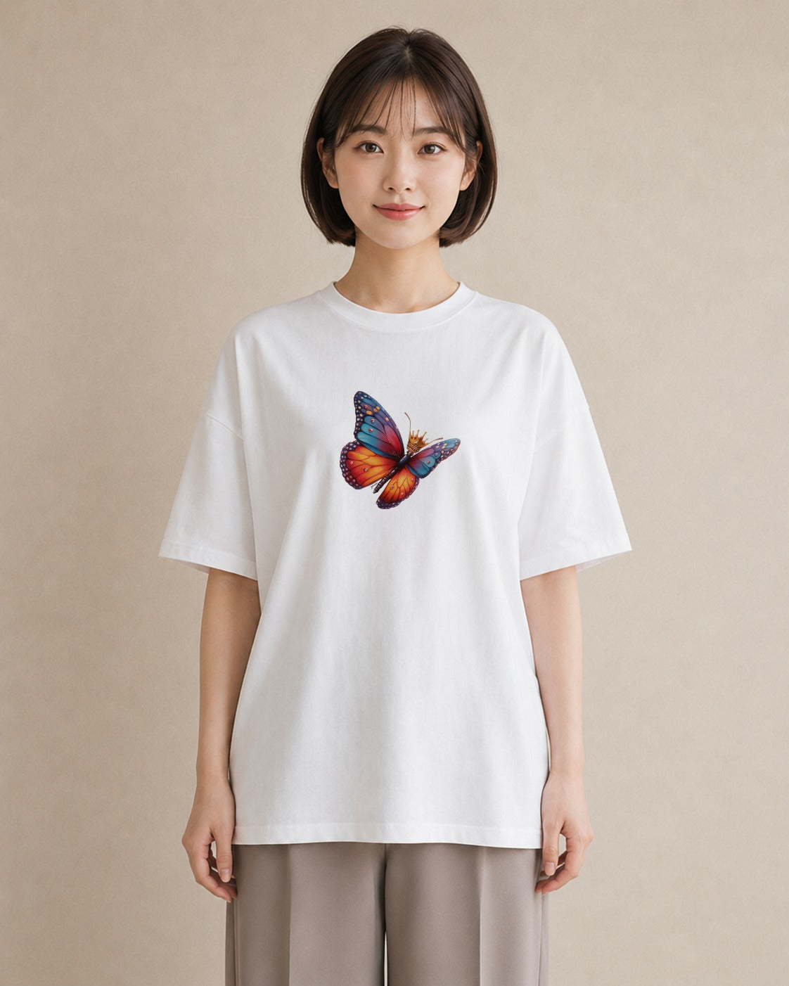 半袖Tシャツ レディース ちょうちょ 蝶 バタフライ 昆虫 虫 イラスト 春服 ミセス 白T YMAZO