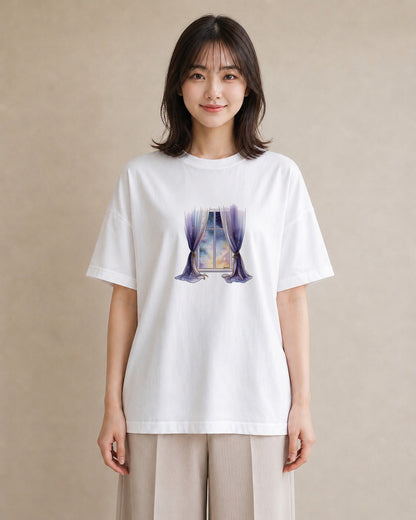プリントTシャツ レディース 窓辺の雨 雨の日 窓 ナチュラル アンティーク イラスト カジュアル おしゃれギフト 社会人 白T YMAZO