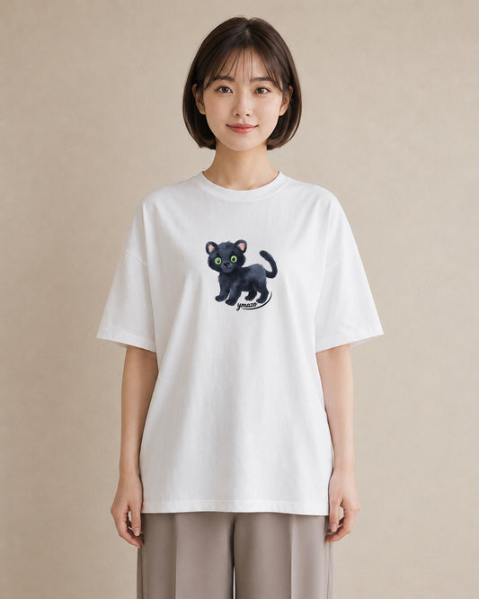 Tシャツ レディース 黒猫 猫 ねこ イラスト 可愛い 通学 誕生日プレゼント 白T YMAZO