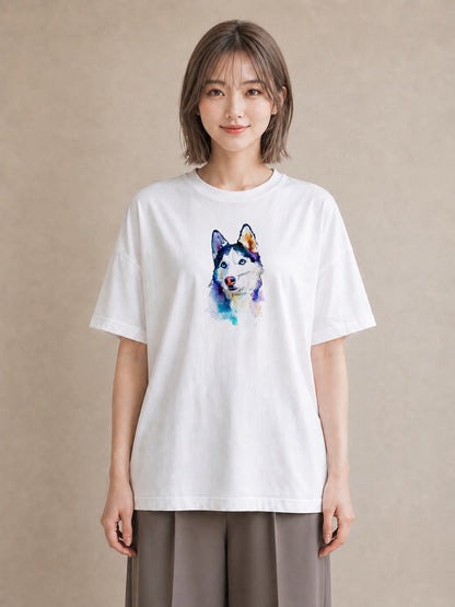 プリントTシャツ レディース シベリアンハスキー 犬 いぬ イラスト きれいめ 女子会 お揃い 白T YMAZO