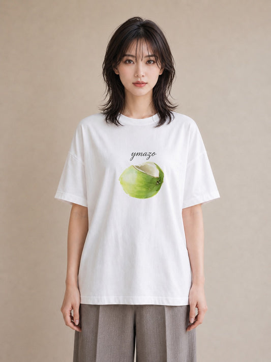 半袖Tシャツ レディース りんご 林檎 アップル 食べ物 フード イラスト 普段使い 旅行用 海 白T YMAZO