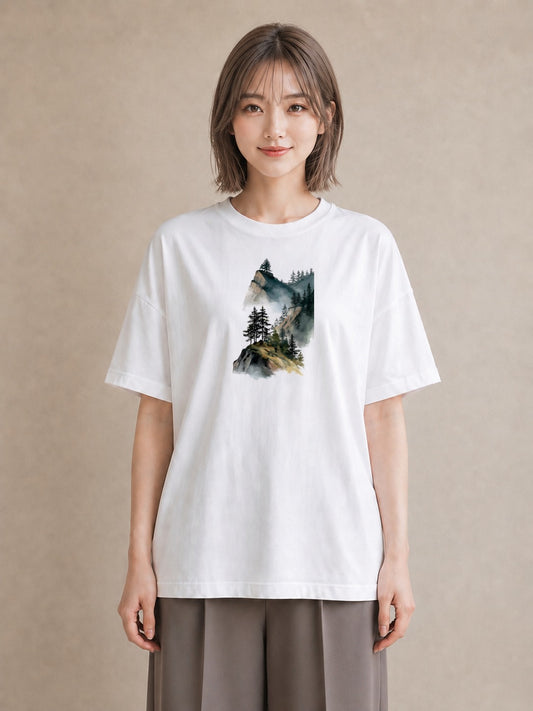 プリントTシャツ レディース 山 星空 宇宙 イラスト ラフ デイリーウェア 休日 白T YMAZO