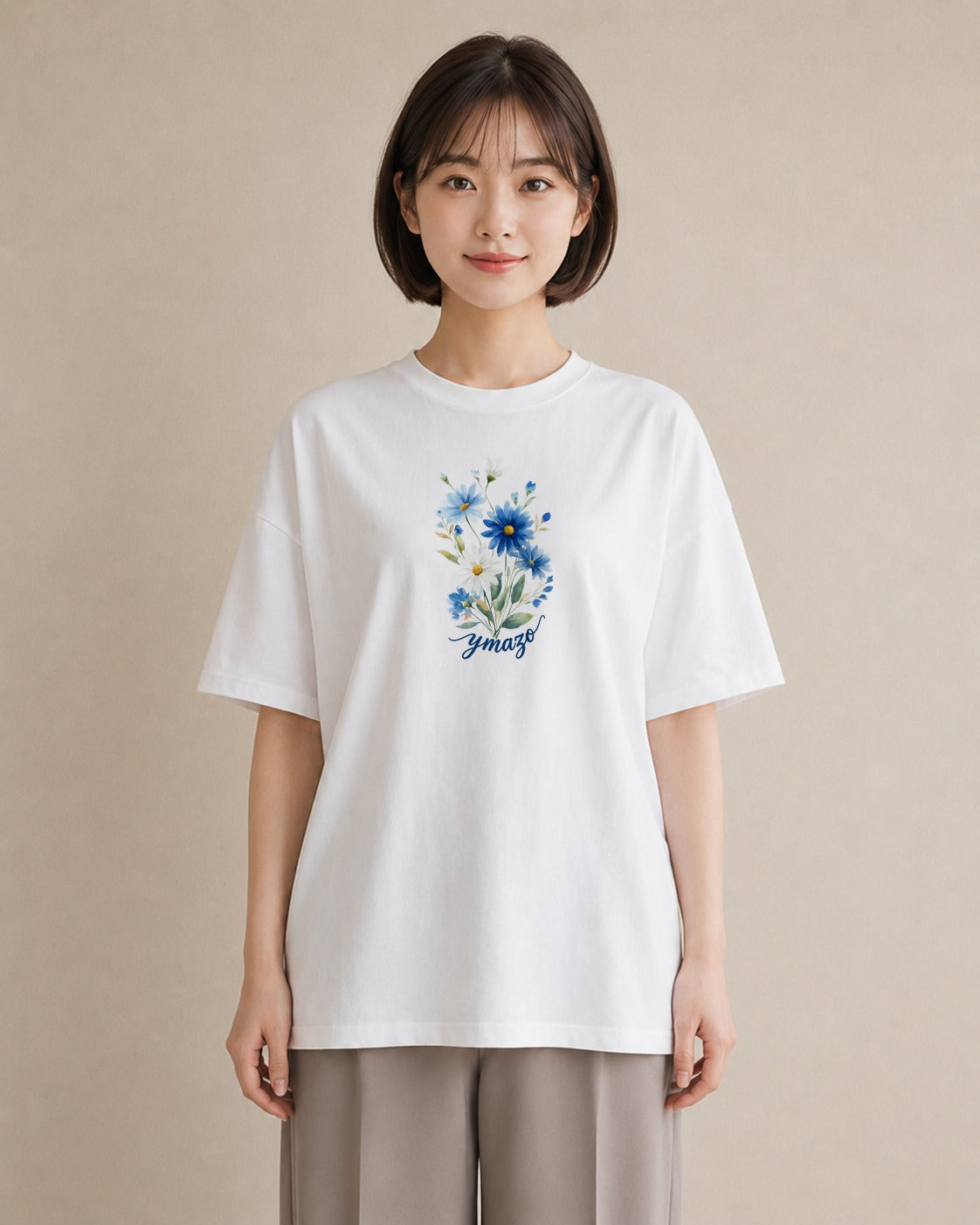 半袖Tシャツ レディース デイジー 花 花柄 イラスト 線画 ビーチ デイリーウェア 白T