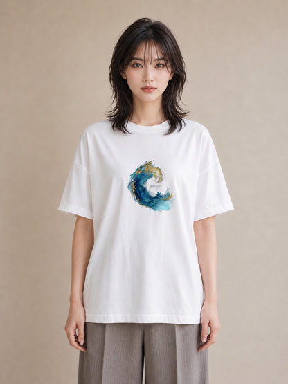 プリントTシャツ レディース 波 星空 宇宙 イラスト こなれ感 通勤 在宅 白T YMAZO