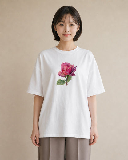 プリントTシャツ レディース バラ 薔薇 ローズ 花 花柄 イラスト カフェ服 クリスマス 白T YMAZO