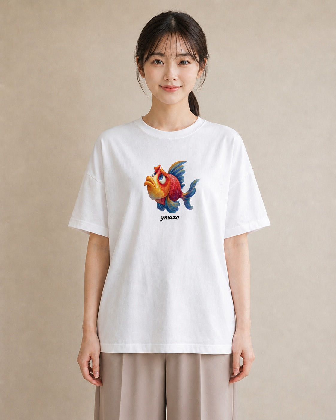 半袖Tシャツ レディース らんちゅう ペット 動物 イラスト お洒落 ペアコーデ 秋コーデ 白T YMAZO